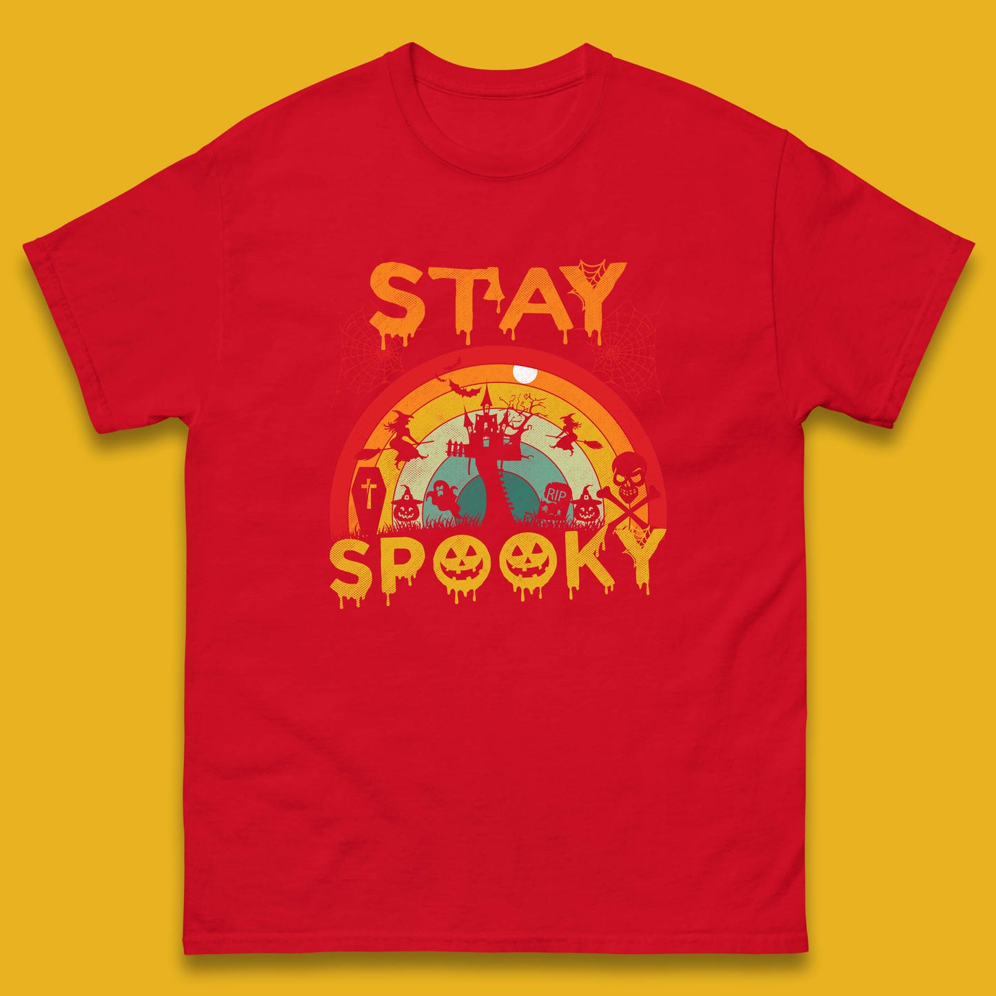 Stay Spooky Vintage Halloween Hunted House Dark Night Full Moon And Flying Bats Mens Tee Top