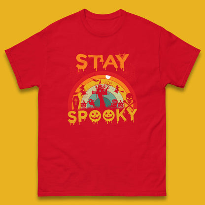 Stay Spooky Vintage Halloween Hunted House Dark Night Full Moon And Flying Bats Mens Tee Top