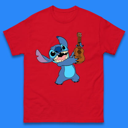 Disney Ohana Playing The Guitar Ohana Lilo & Stitich In Happy Mood Cartoon Character Disney World Mens Tee Top