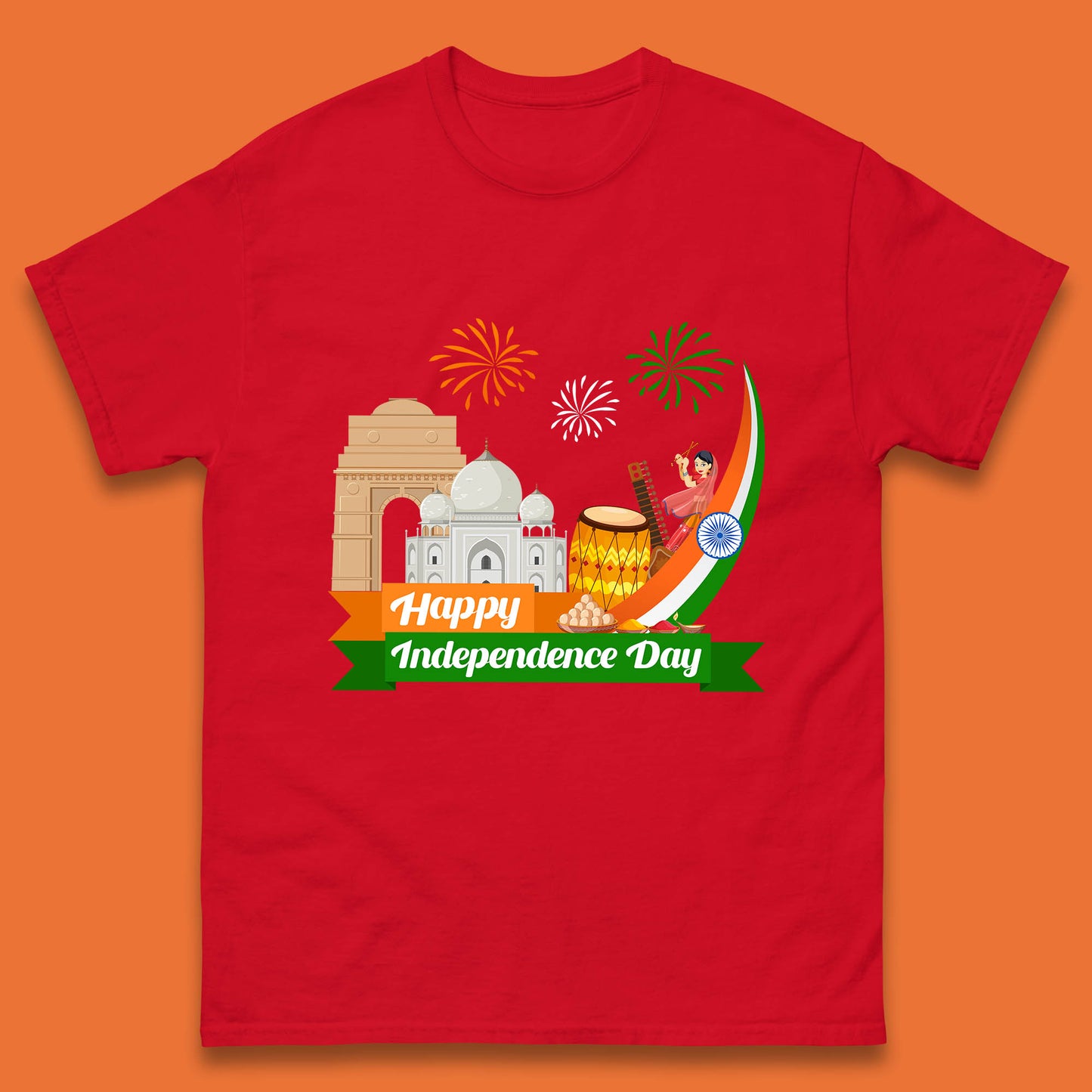 Happy India Independence Day 15th August Patriotic Indian Flag India Architectural Landmarks Mens Tee Top