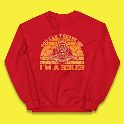 You Can't Scare Me I'm A Biker Halloween Skeleton Riding Motorcycle Vintage Biker Skull Kids Jumper