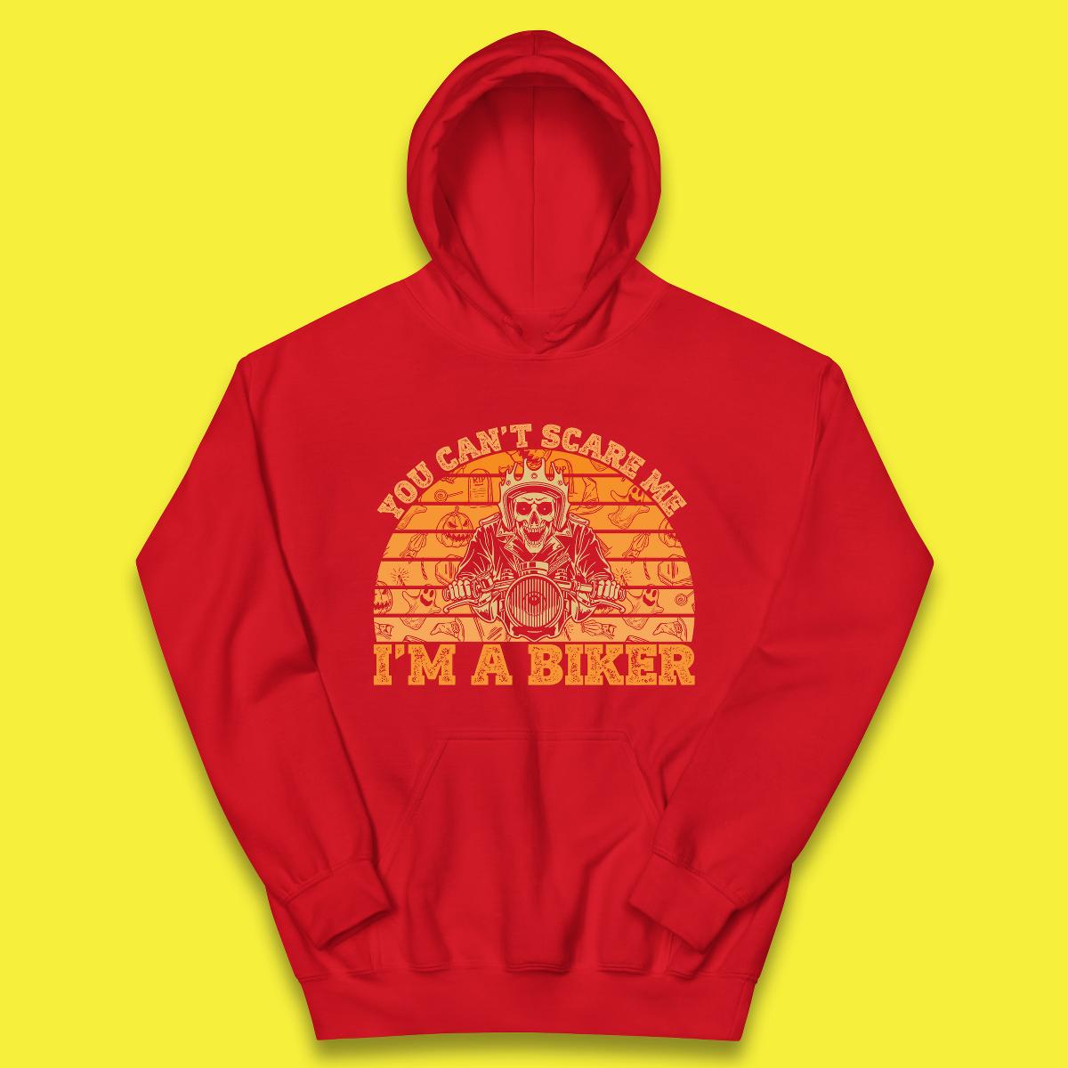 You Can't Scare Me I'm A Biker Halloween Skeleton Riding Motorcycle Vintage Biker Skull Kids Hoodie