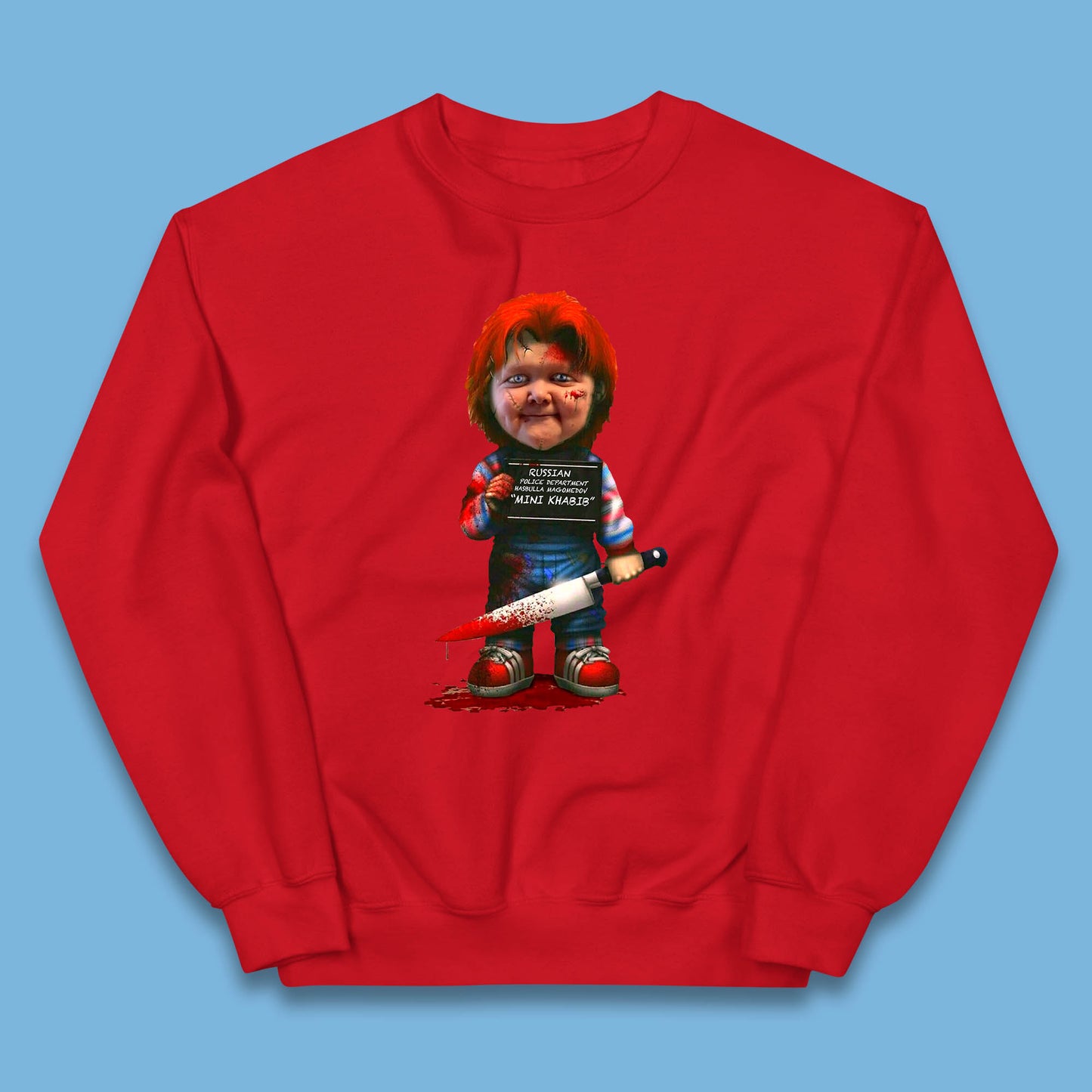 Chucky Mug Shot Russian Police Dept Hasbulla Magomedov Chucky Mini Khabib Inspired Halloween Horror Movie Good Guy Chucky Kids Jumper