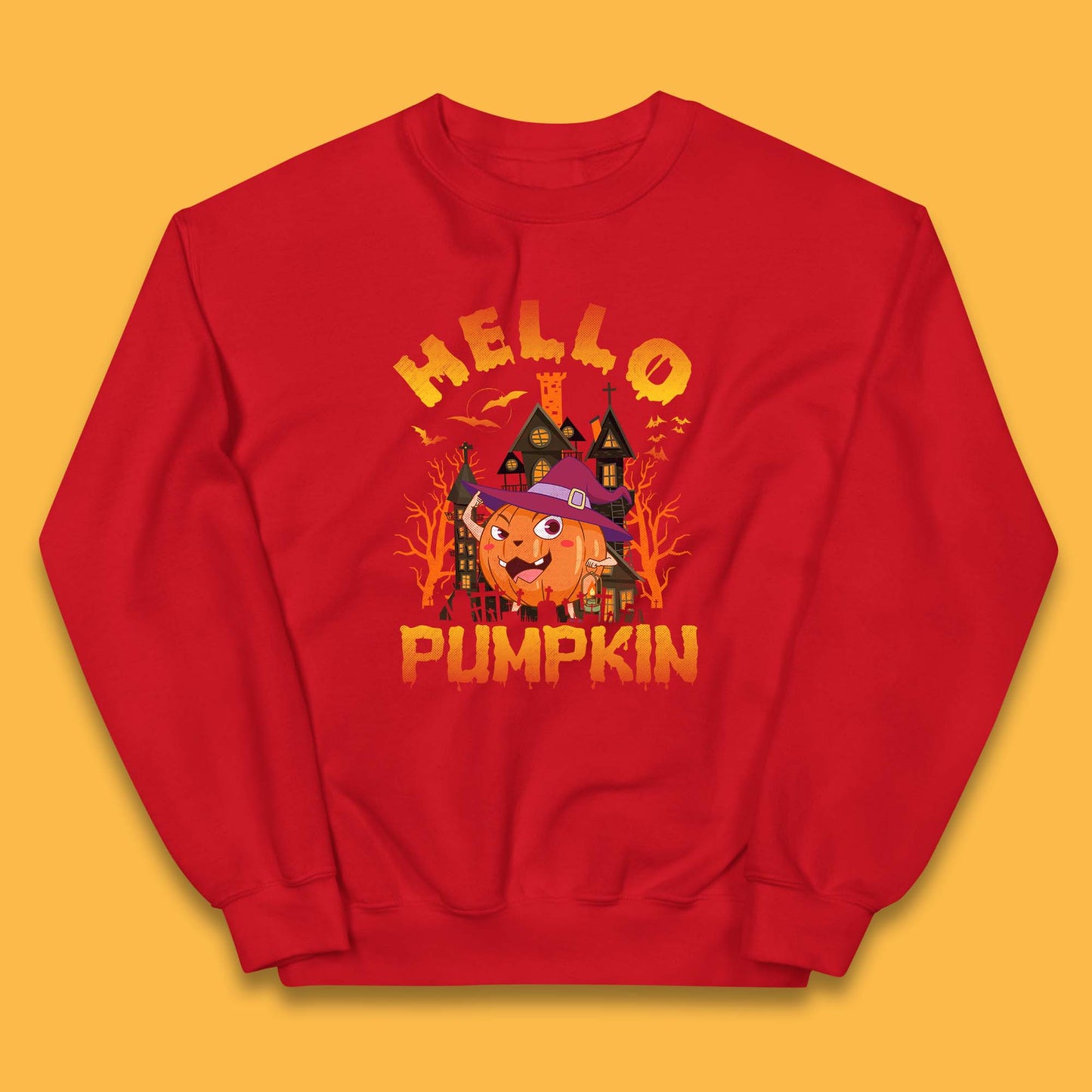 Hello Pumpkin Cartoon Halloween Pumpkin With Witch Hat Devil Smile Haunted Castle Kids Jumper
