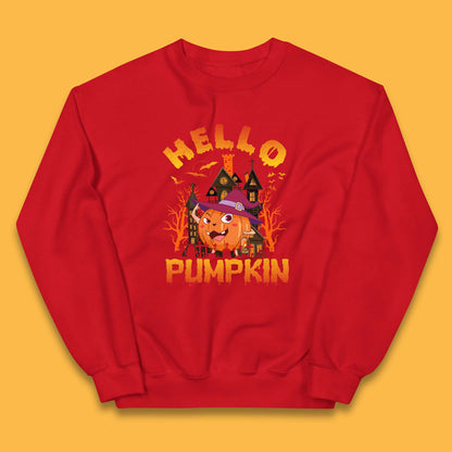 Hello Pumpkin Cartoon Halloween Pumpkin With Witch Hat Devil Smile Haunted Castle Kids Jumper