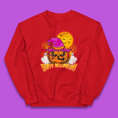 Happy Halloween Pumpkin Witch Hat Jack-o'-lantern With Full Moon Flying Bats Horror Scary Boo Ghost Kids Jumper