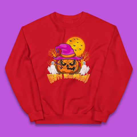 Happy Halloween Pumpkin Witch Hat Jack-o'-lantern With Full Moon Flying Bats Horror Scary Boo Ghost Kids Jumper