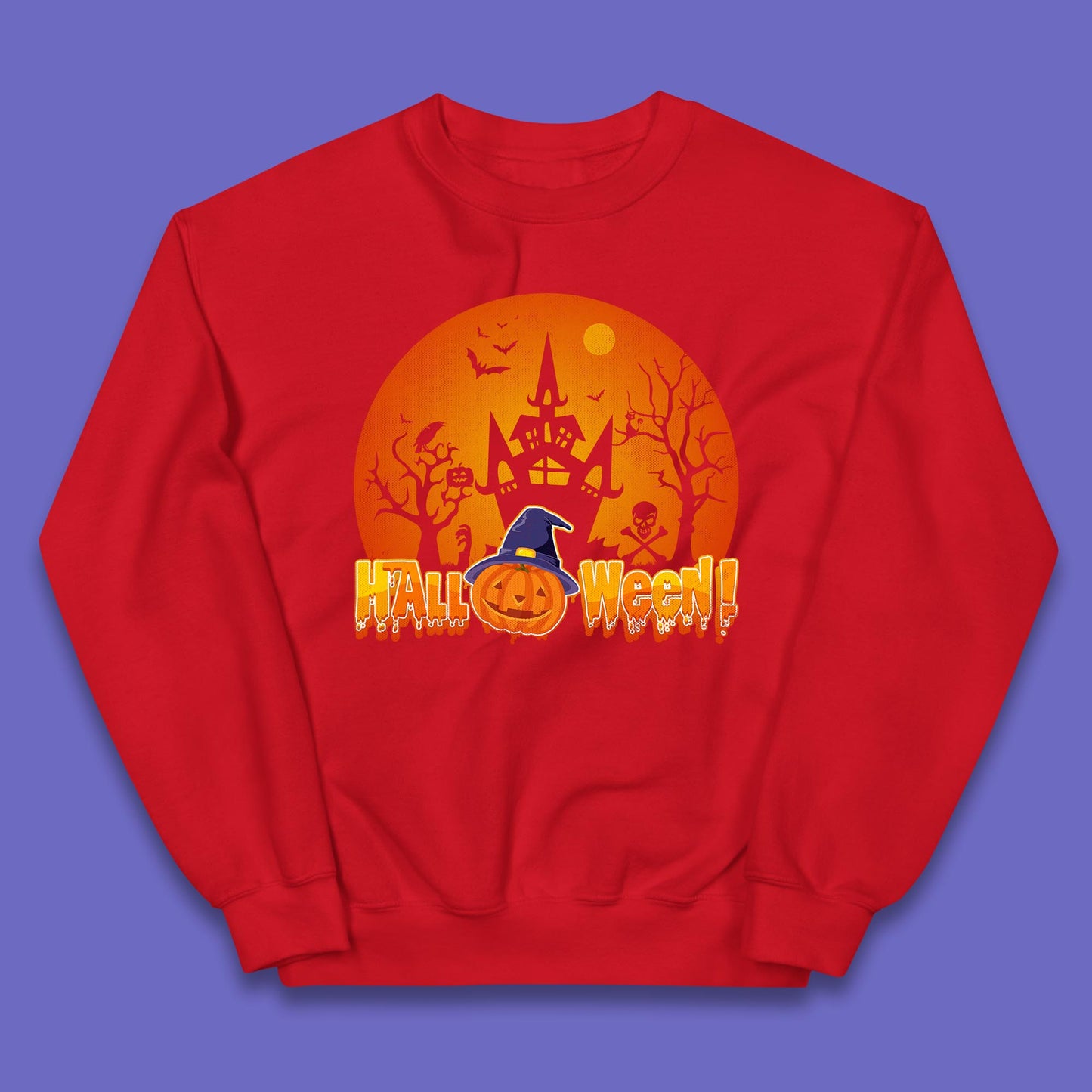 Halloween Pumpkin Witch Hat Haunted Castle Flying Bats Skull Bones Scary Dark Night Kids Jumper