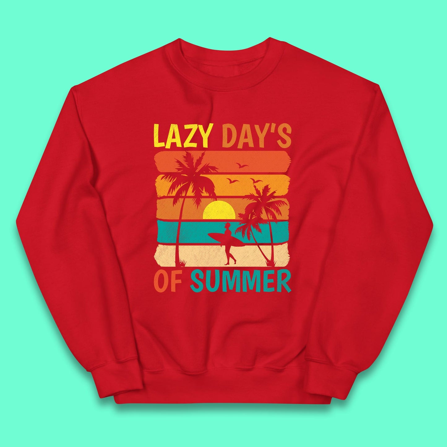 Lazy Days Of Summer Vintage Retro Sunset Surfer Beach Palm Trees Kids Jumper