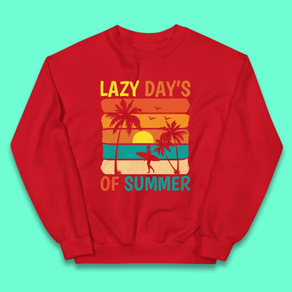 Lazy Days Of Summer Vintage Retro Sunset Surfer Beach Palm Trees Kids Jumper