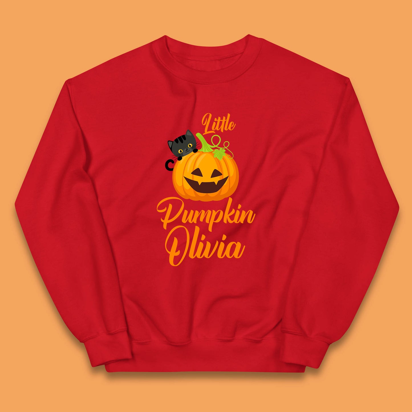 Personalised Little Pumpkin Your Name Black Cat Witch On Pumpkin Kids Jumper