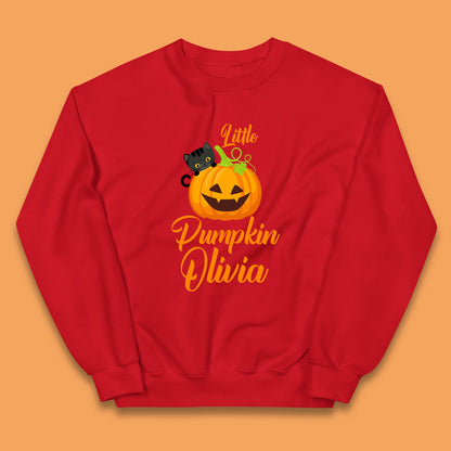 Personalised Little Pumpkin Your Name Black Cat Witch On Pumpkin Kids Jumper