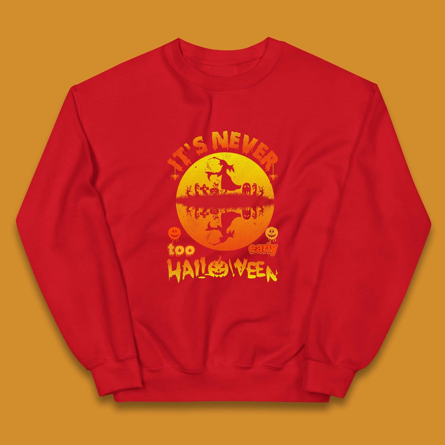 It's Never Too Early Halloween Witch Flying On Broomstick Over Lake Scary Spooky Season Kids Jumper