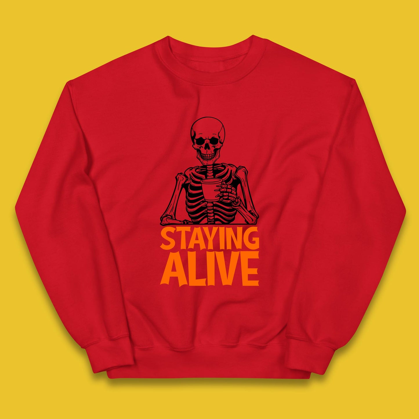 Staying Alive Funny Skeleton Trendy Coffee Halloween Skull Vintage Coffee Lovers Kids Jumper