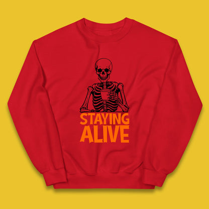 Staying Alive Funny Skeleton Trendy Coffee Halloween Skull Vintage Coffee Lovers Kids Jumper