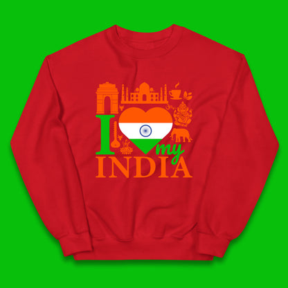 I Love My India Patriotic Indian Flag 15th August Independence Day Kids Jumper