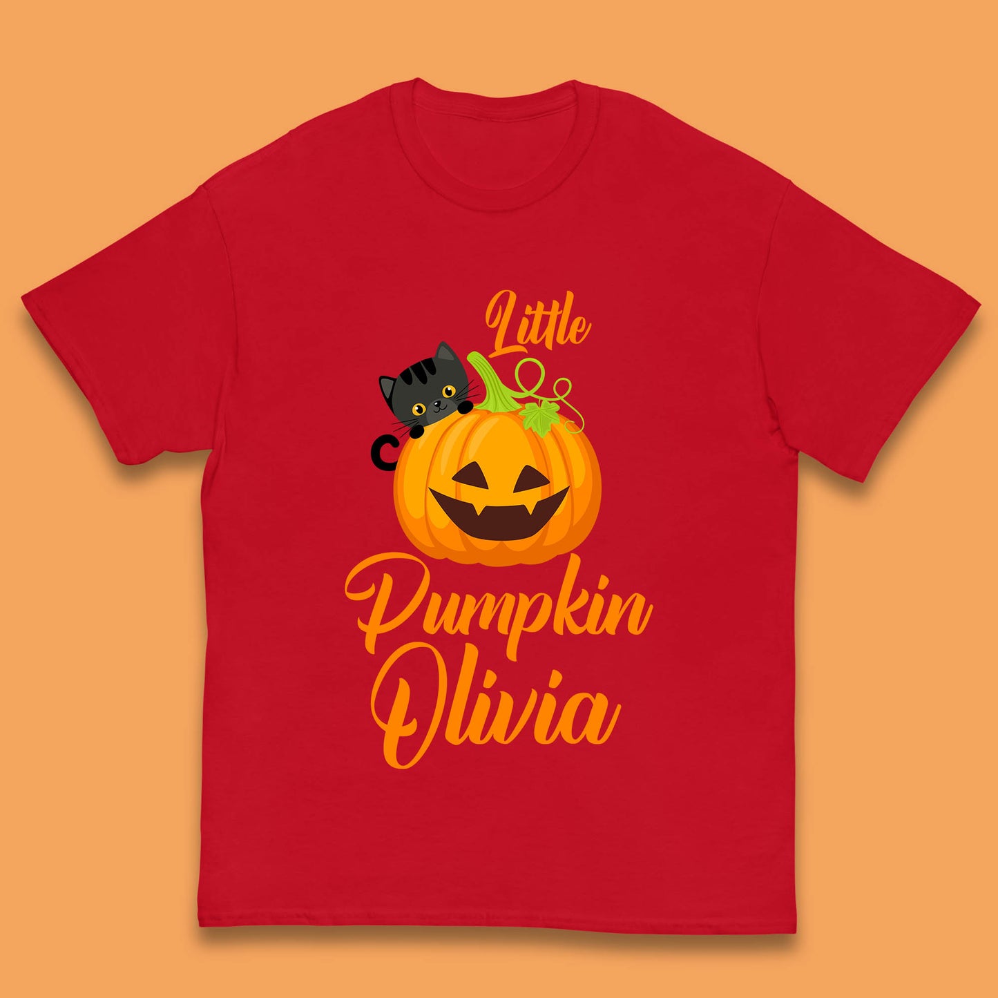 Personalised Little Pumpkin Your Name Black Cat Witch On Pumpkin Kids T Shirt