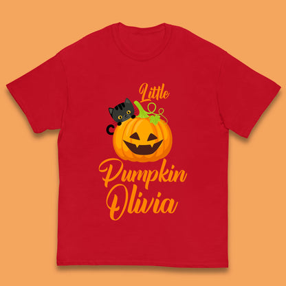 Personalised Little Pumpkin Your Name Black Cat Witch On Pumpkin Kids T Shirt
