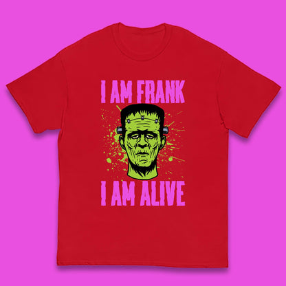 I Am Frank I Am Alive Halloween Green Frankenstein Monster Zombie Horror Face Kids T Shirt