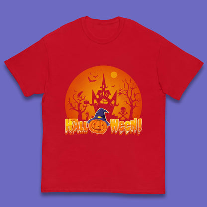 Halloween Pumpkin Witch Hat Haunted Castle Flying Bats Skull Bones Scary Dark Night Kids T Shirt