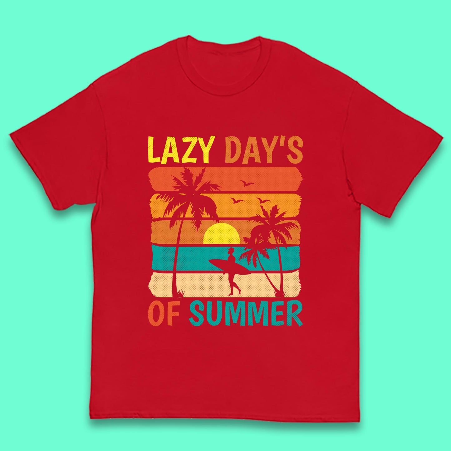 Lazy Days Of Summer Vintage Retro Sunset Surfer Beach Palm Trees Kids T Shirt