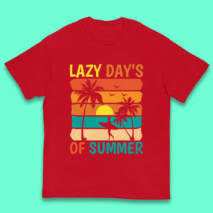 Lazy Days Of Summer Vintage Retro Sunset Surfer Beach Palm Trees Kids T Shirt