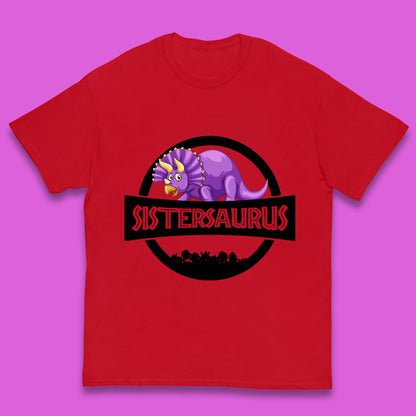 Sistersaurus Dinosaur Sister Cartoon Triceratops Purple Sister Saurus Matching Kids T Shirt