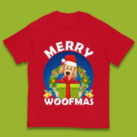 Merry Woofmas Christmas Golden Retriever Dog Xmas Dog Lovers Kids T Shirt
