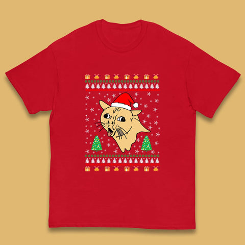 Coughing Cat Meme Ugly Christmas Funny Xmas Cat Coughing & Tongue Out Kids T Shirt