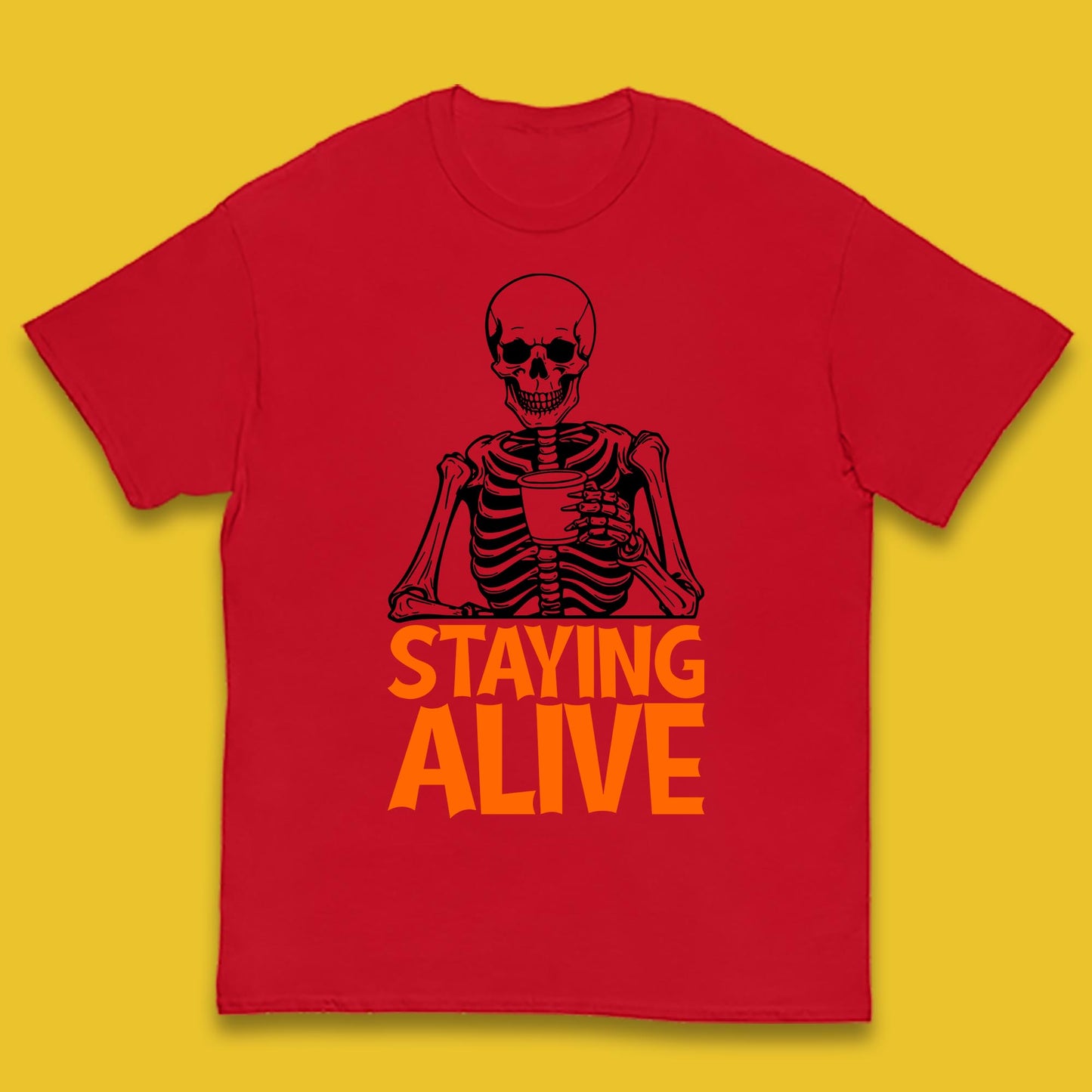 Staying Alive Funny Skeleton Trendy Coffee Halloween Skull Vintage Coffee Lovers Kids T Shirt