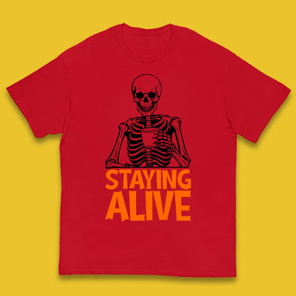 Staying Alive Funny Skeleton Trendy Coffee Halloween Skull Vintage Coffee Lovers Kids T Shirt