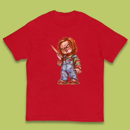 The Horror Movie Character Chucky With Knife Serial Killer Halloween Horror Movie Inspired Chucky Kids T Shirt