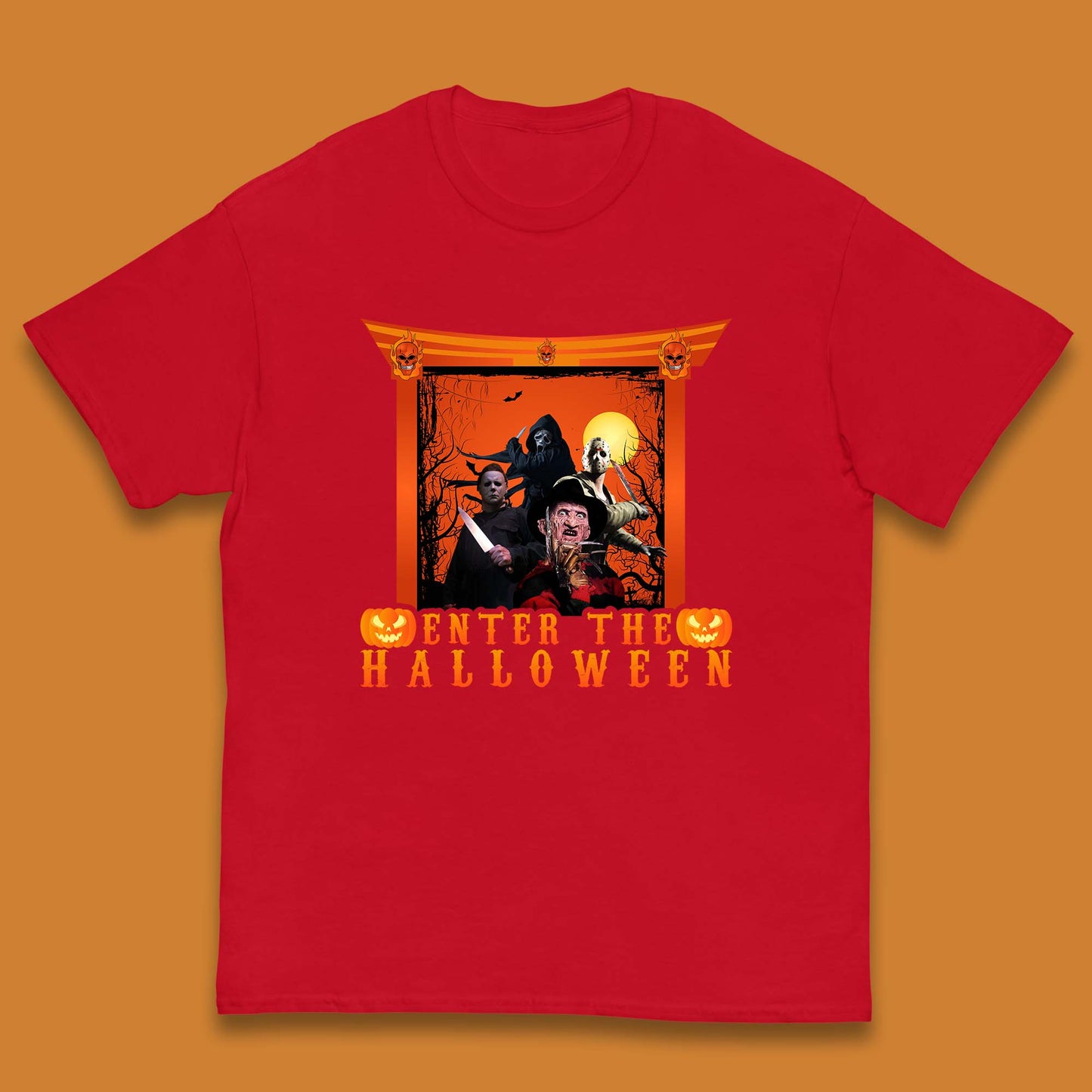Enter The Halloween Horror Movie Characters Friends Halloween Villians Serial Killers Kids T Shirt