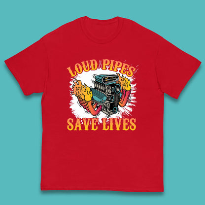Loud Pipes Save Lives Hot Rod Motor Vehicle Flaming Engine Kids T Shirt