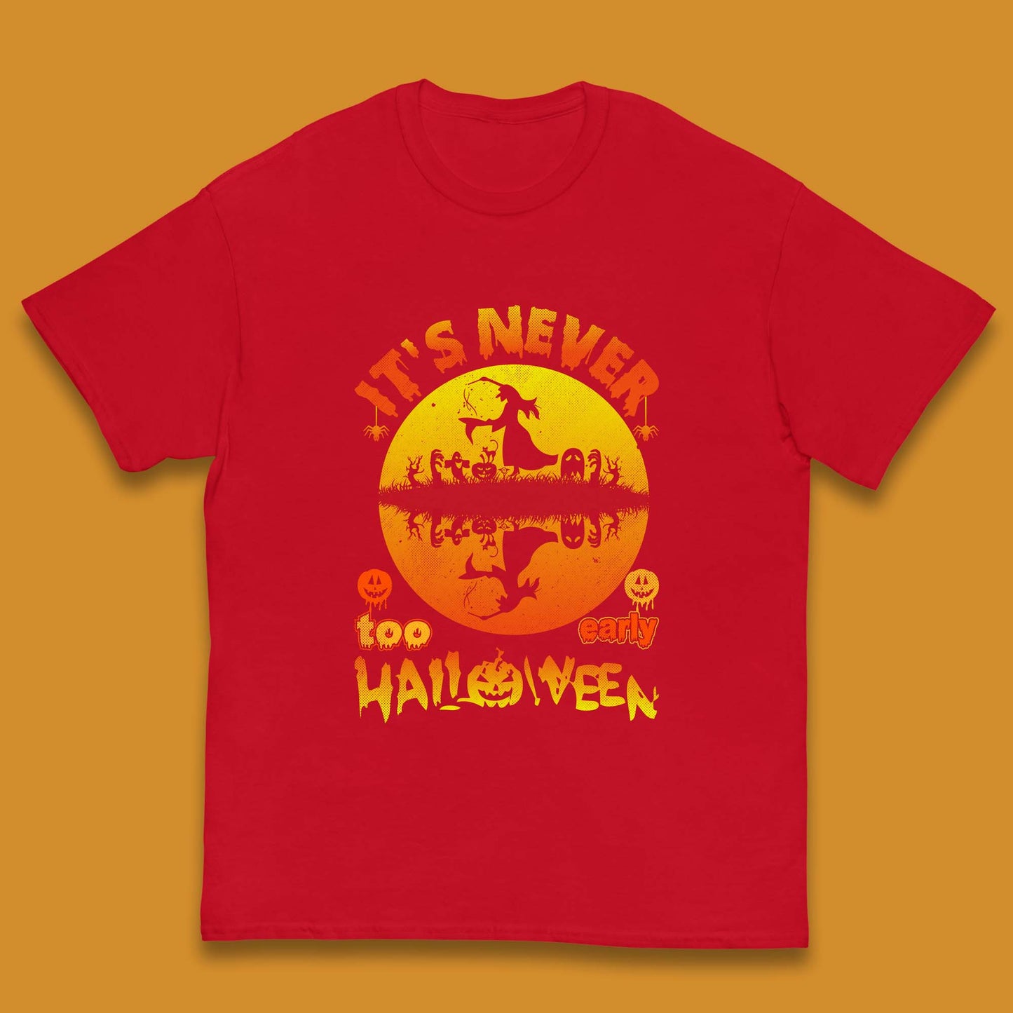 It's Never Too Early Halloween Witch Flying On Broomstick Over Lake Scary Spooky Season Kids T Shirt