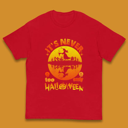 It's Never Too Early Halloween Witch Flying On Broomstick Over Lake Scary Spooky Season Kids T Shirt