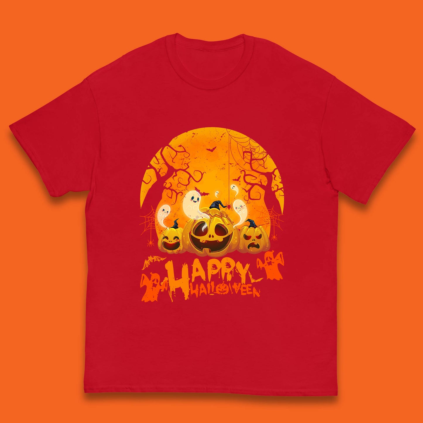 Happy Halloween Jack O Lantern Pumpkins Scary Boo Ghost Haunted Trees Kids T Shirt