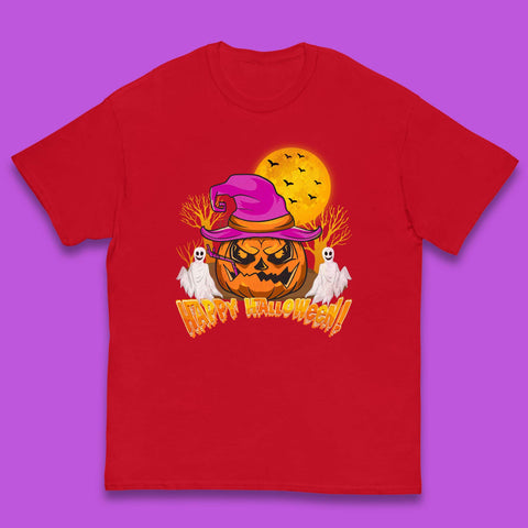 Happy Halloween Pumpkin Witch Hat Jack-o'-lantern With Full Moon Flying Bats Horror Scary Boo Ghost Kids T Shirt