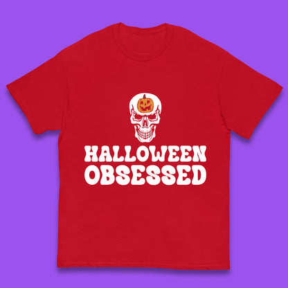 Skull Pumpkin Halloween Obsessed Funny Pumpkin Obsessed Party Spooky Season Kids T Shirt