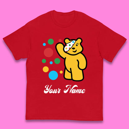 Personalised Spotty Pudsey Bear Hand Waving Dotty Spot Your Name Fundraising Spotty Bear Spotty Day Kids T Shirt