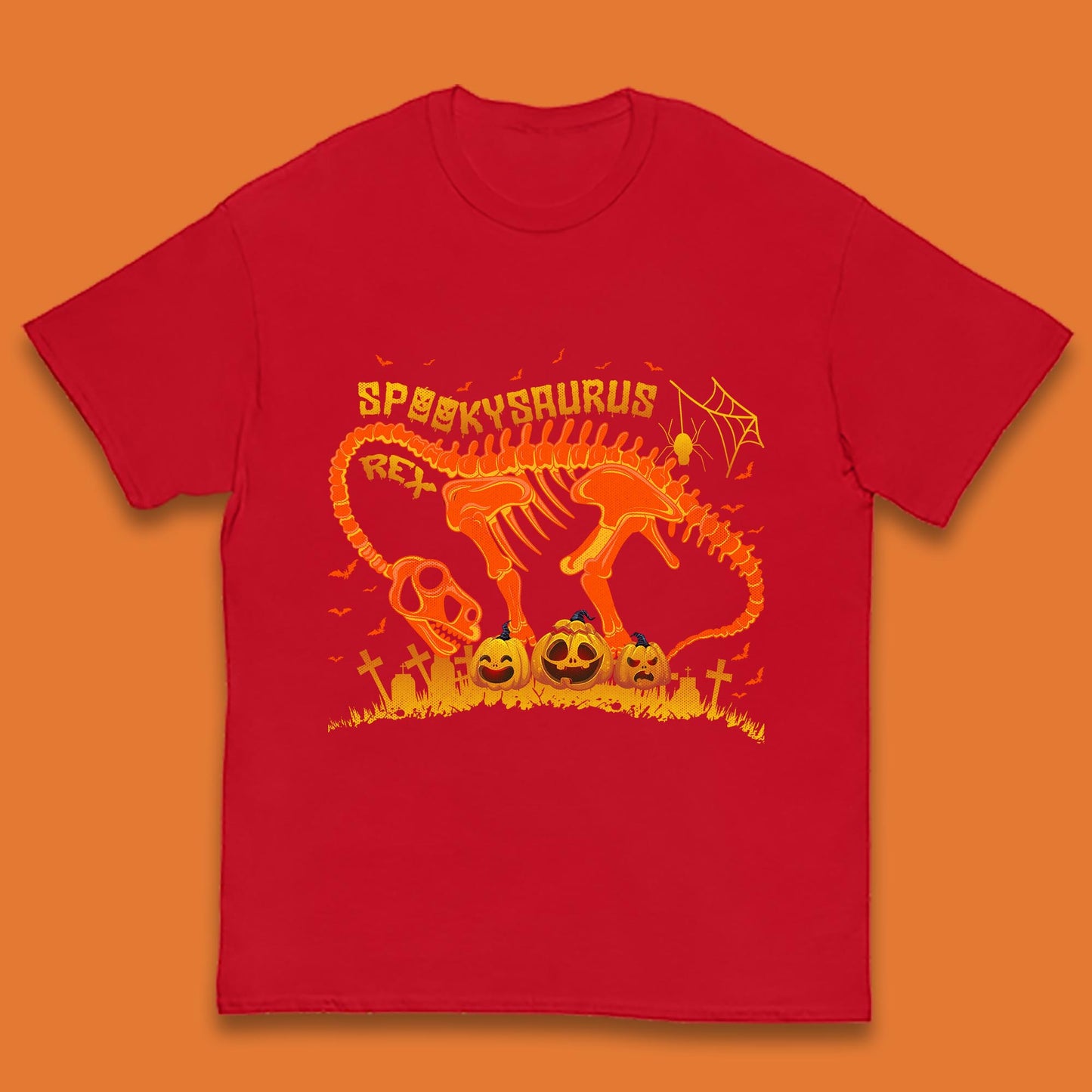 Spooky Saurus Rex Halloween Dinosaur T-Rex Skeleton With Scary Pumpkins Kids T Shirt