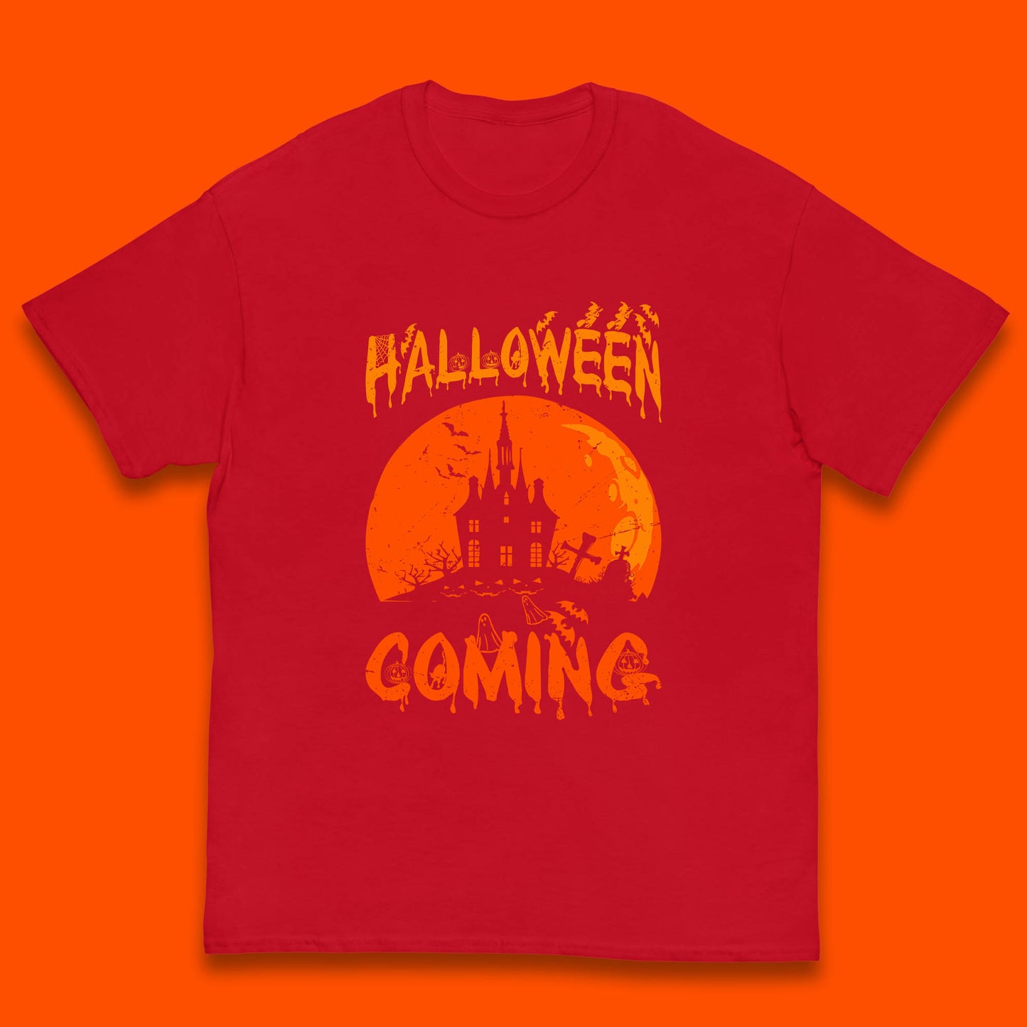 Halloween Coming Horror Scary Ghost Haunted House Spooky Season Kids T Shirt