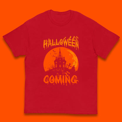 Halloween Coming Horror Scary Ghost Haunted House Spooky Season Kids T Shirt