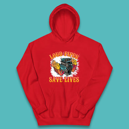 Loud Pipes Save Lives Hot Rod Motor Vehicle Flaming Engine Kids Hoodie