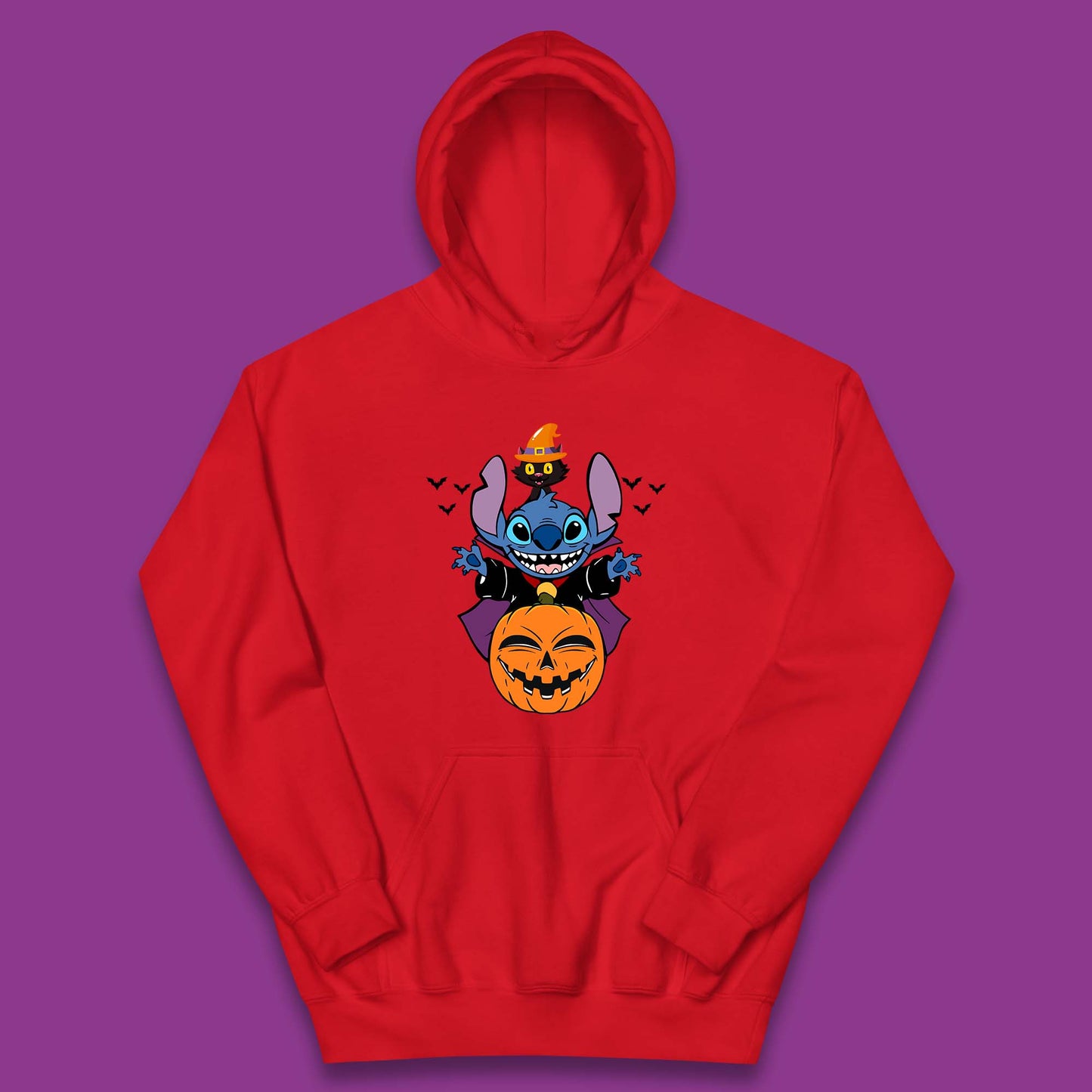 Disney Halloween Pumpkin Devil Stitch With Black Cat Horror Scary Disney Lilo & Stitch Kids Hoodie