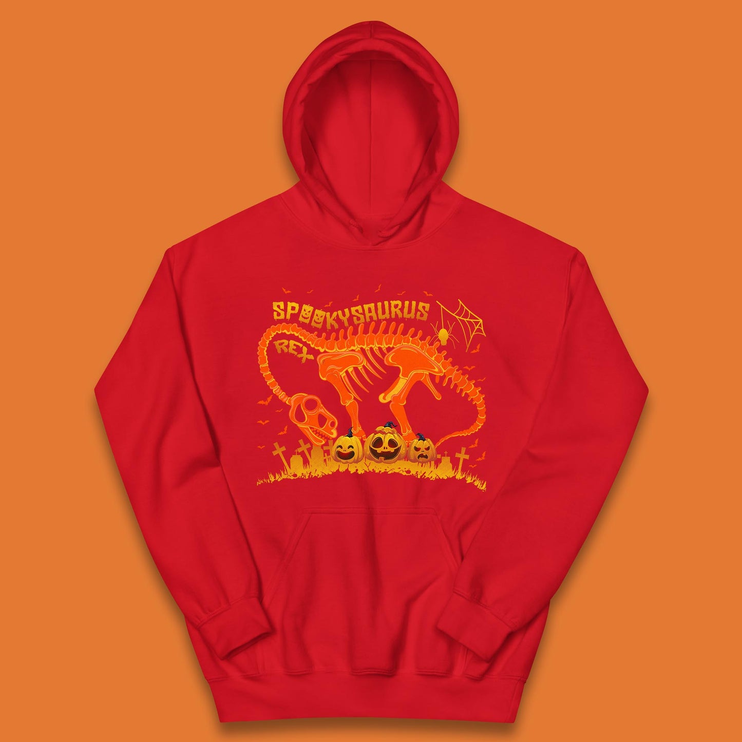 Spooky Saurus Rex Halloween Dinosaur T-Rex Skeleton With Scary Pumpkins Kids Hoodie