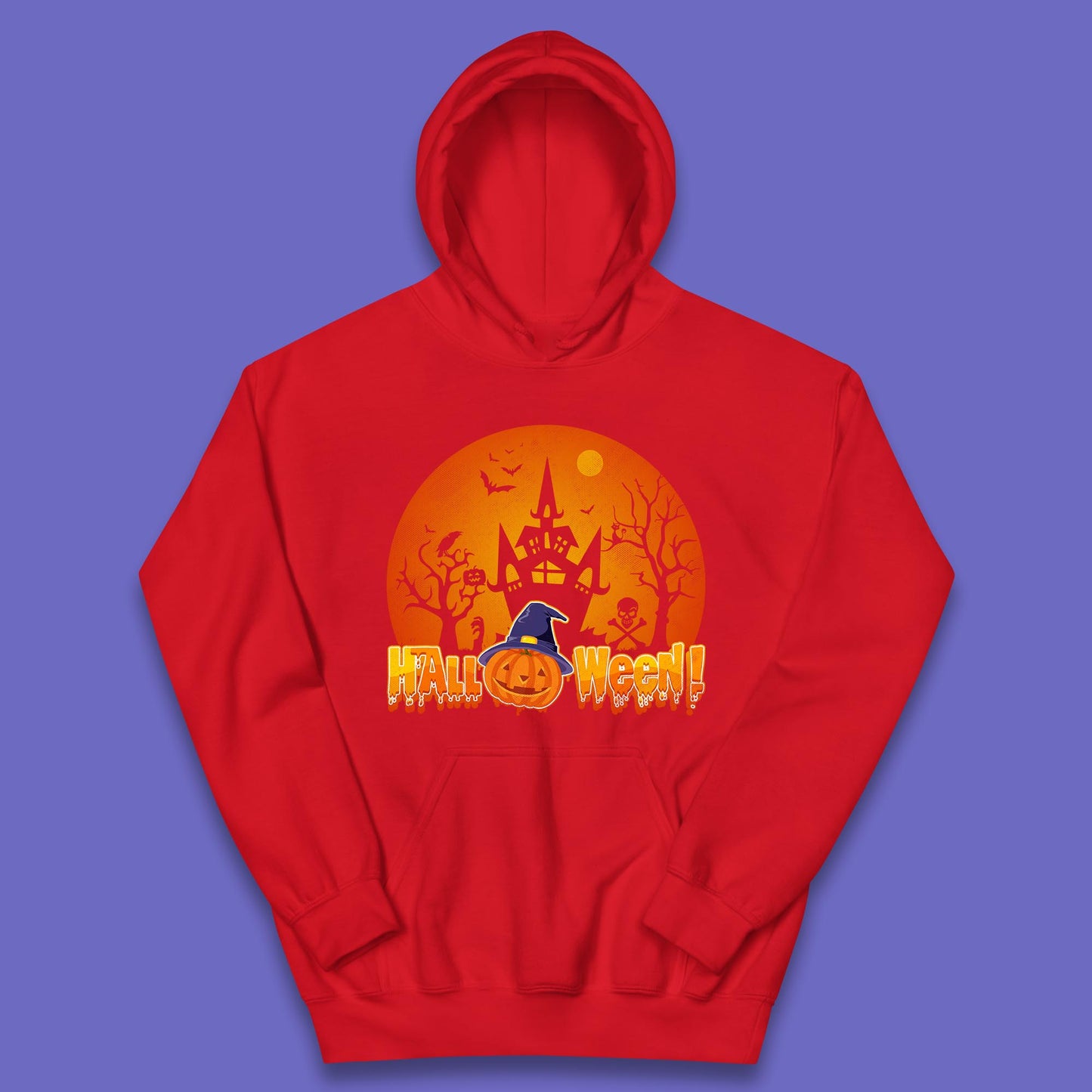 Halloween Pumpkin Witch Hat Haunted Castle Flying Bats Skull Bones Scary Dark Night Kids Hoodie