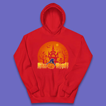 Halloween Pumpkin Witch Hat Haunted Castle Flying Bats Skull Bones Scary Dark Night Kids Hoodie