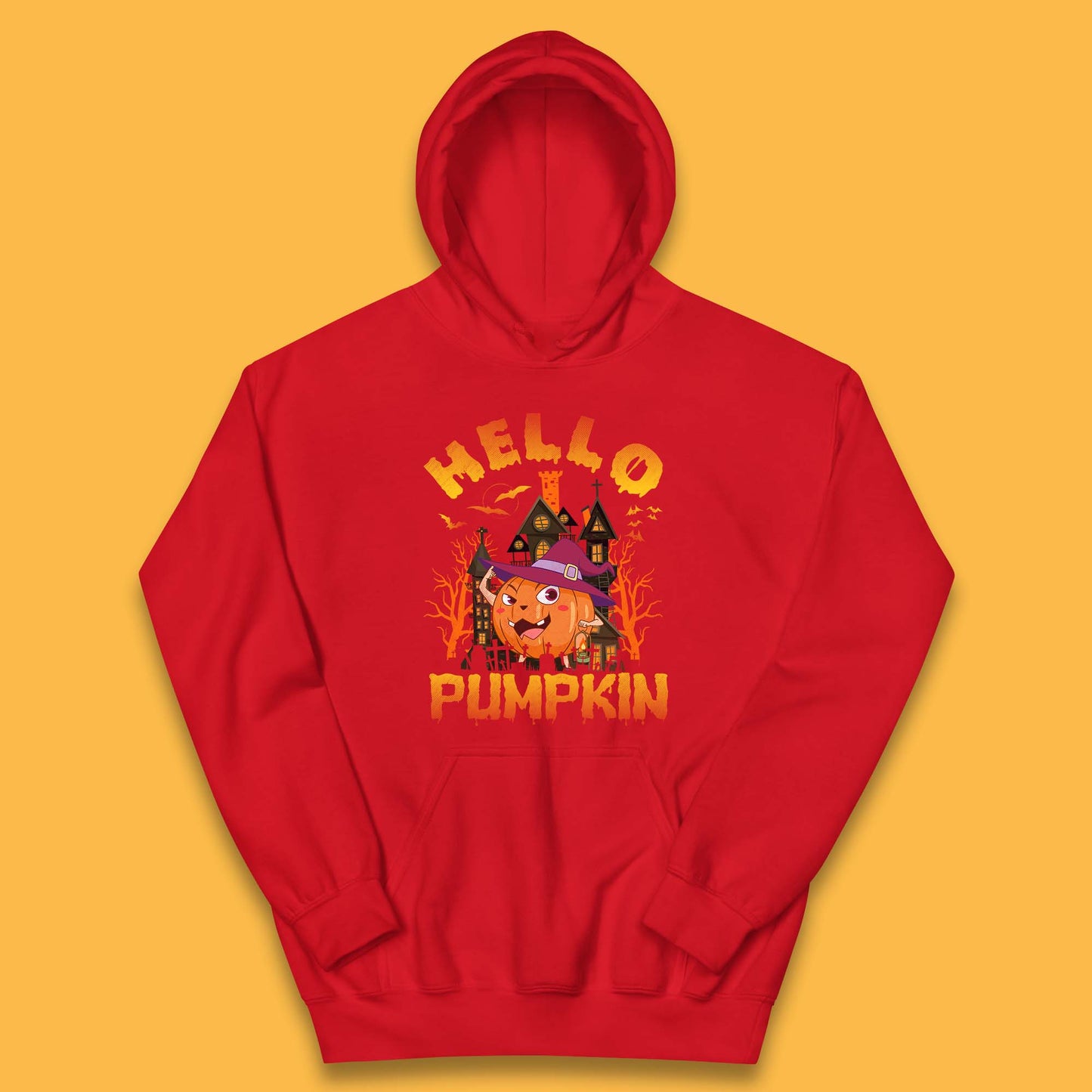 Hello Pumpkin Cartoon Halloween Pumpkin With Witch Hat Devil Smile Haunted Castle Kids Hoodie