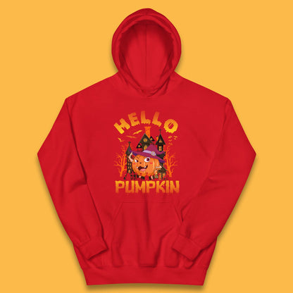 Hello Pumpkin Cartoon Halloween Pumpkin With Witch Hat Devil Smile Haunted Castle Kids Hoodie